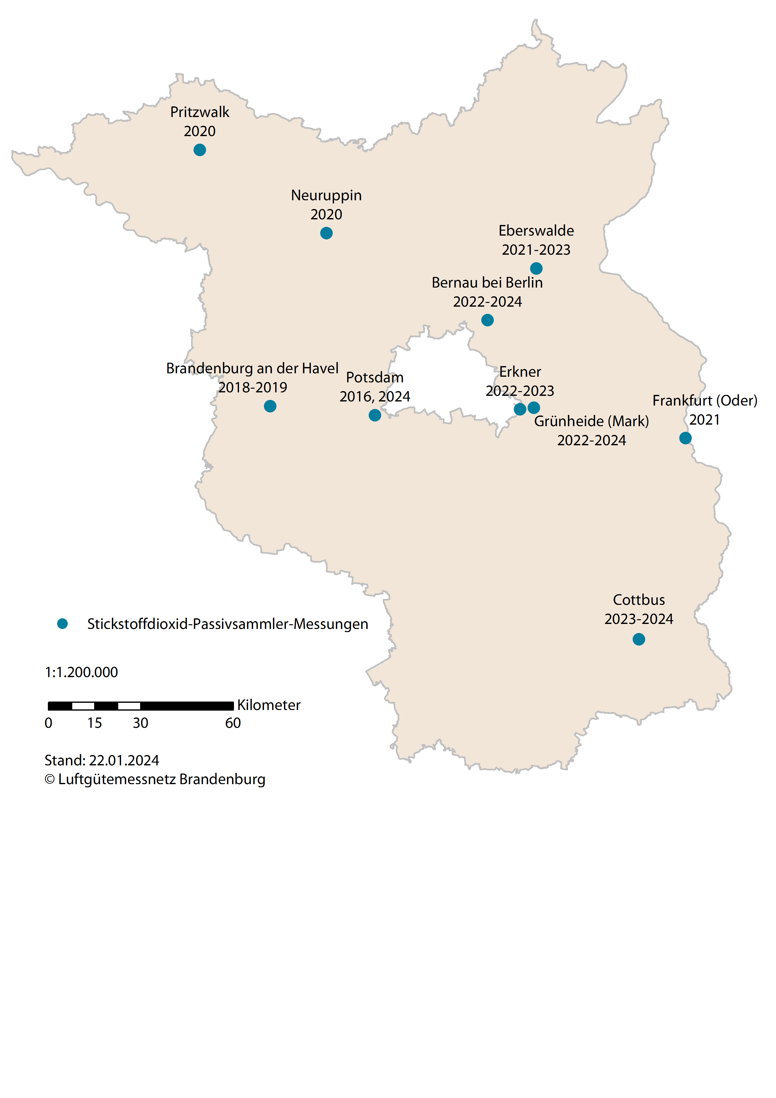 Eine Karte des Landes Brandenburg zeigt alle Standorte, an denen das Landesamt für Umwelt NO2-Passivsammlermesskampagnen durchführt oder durchgeführt hat.