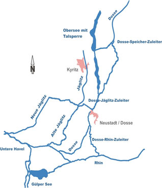 Die Abbildung zeigt die Lage der Talsperre vom Gülper See im Süden bis zum Obersee mit Talsperre im Norden.