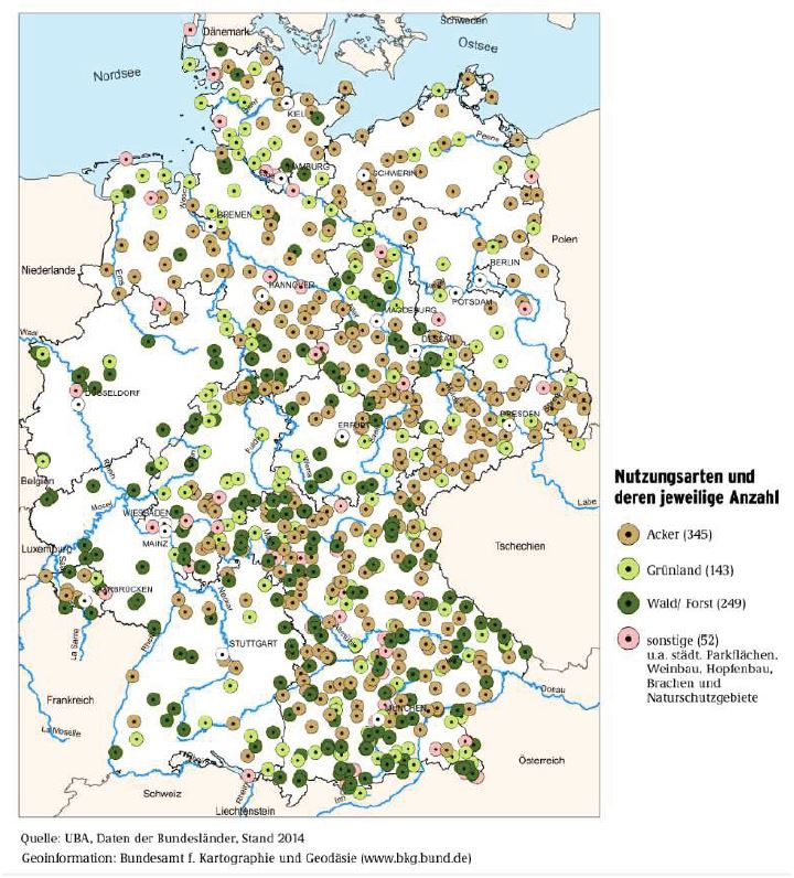 In der Grafik sind die Standorte der Bodendauerbeobachtungsflächen Deutschlands abgebildet. Die Flächen auf Ackerböden sind orange, Flächen in Wald und Forst in dunkelgrün, Flächen auf Grünland in hellgrün und sonstige Flächen, zum Beispiel in Parks, werden rosafarben dargestellt. 