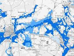 Kartenausschnitt mit Überschwemmungsflächen HQ10, HQ100 und HQextrem