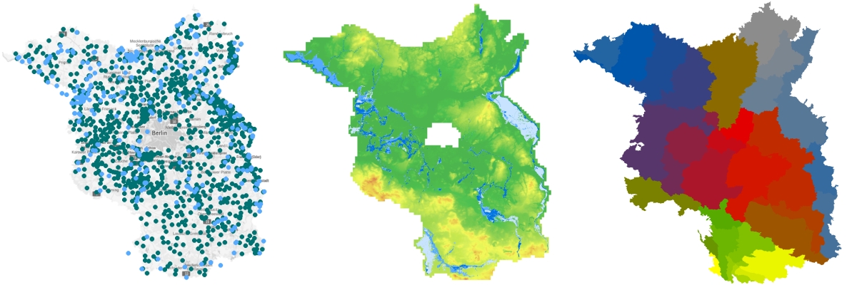 Das Bild zeigt drei Karten von Brandenburg. Die linke Karte zeigt die Messstellen für Grundwasser und Oberflächenwasser. Die Karte in der Mitte zeigt die Hochwasserrisikogebiete Brandenburgs (mit dem Digitalen Geländemodell im Hintergrund). Die Karte rechts zeigt die aggregierten Einzugsgebiete Brandenburgs