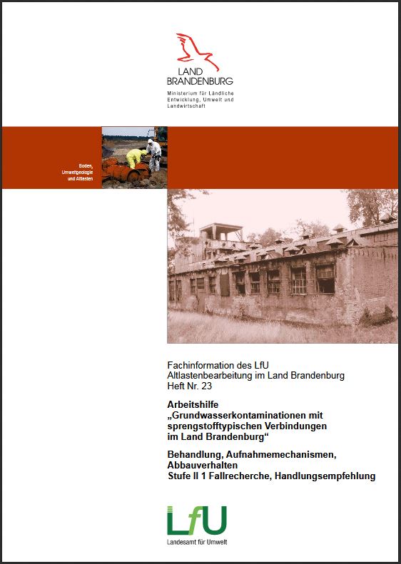 Bild vergrößern (Bild: Titelseite: Arbeitshilfe: Grundwasserkontaminationen mit sprengstofftypischen Verbindungen, Stufe 2 - Fachinformation Altlastenbearbeitung, Nummer 23)