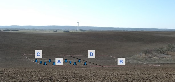 Das Bild zeigt eine Ackerfläche, auf der die Bodendauerbeobachtungsfläche mittels Absperrband markiert ist. Eingezeichnete hellblaue Pfeile kennzeichnen die verschiedenen Probenahmestellen auf der Messfläche. 