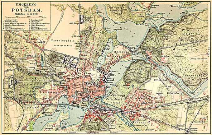 Das Bild zeigt eine alten Stadtplan von Potsdam um 1900 mit dem Exerzierplatz „Bornstedter Feld“ im Norden der Stadt