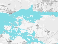 Die blauen Flächen des Kartenausschnittes zeigen festgesetzte Überschwemmungsgebiete.